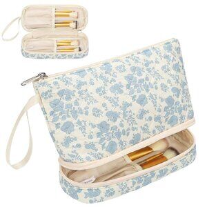 Small , 2 Layers Travel Make up Organizer Bag with Makeup Brush Holder, Portable